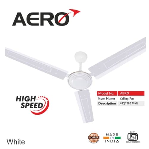 Skyline Ceiling Fan, Aero 48", High-Speed 100% Copper Motor, 400 RPM, White